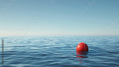 red floating bouy on the calm ocean, flat horizon line in background, blue sky
