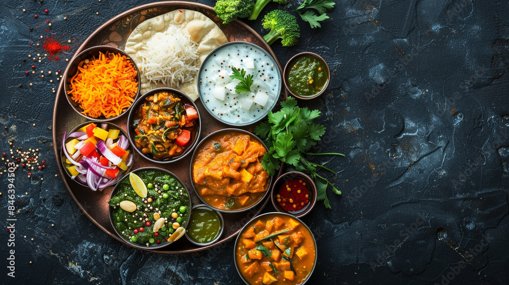 Indian Hindu Veg Thali, North Indian tradition foods. copy space Indian Hindu Veg Thali, North Indian tradition foods. copy space