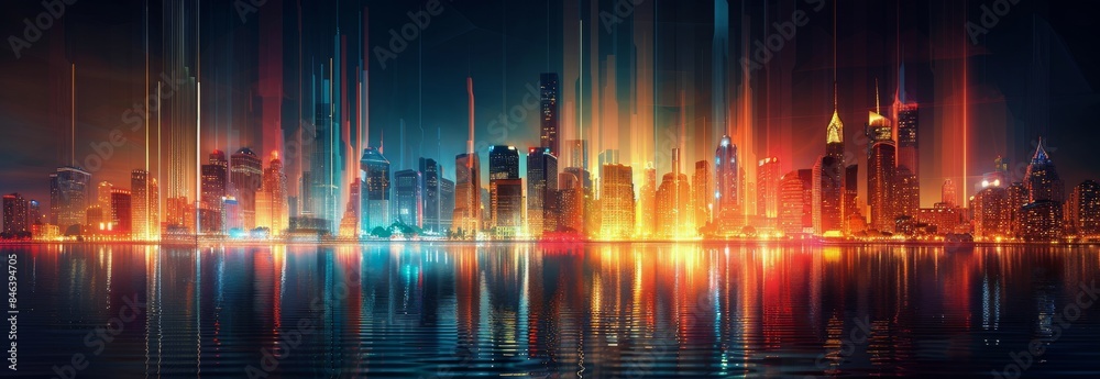 Futuristic Cityscape With Neon Lights Reflecting in Water at Night Futuristic Cityscape With Neon Lights Reflecting in Water at Night