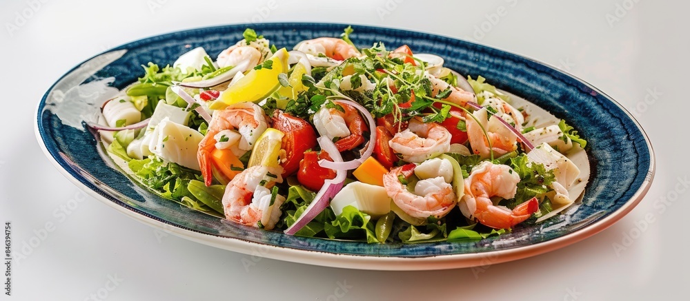 Seafood salad on a blue oval plate against a white backdrop. Seafood salad on a blue oval plate against a white backdrop.