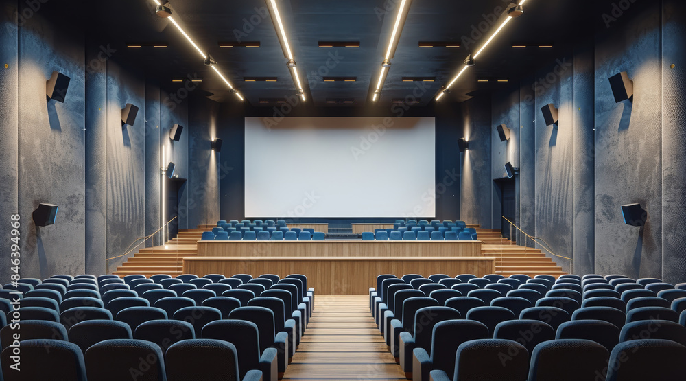 Fototapeta premium 3d render of the university auditorium, minimalistic style, many seats, white and dark blue colors, wooden floor, view on the board screen. Generative AI.