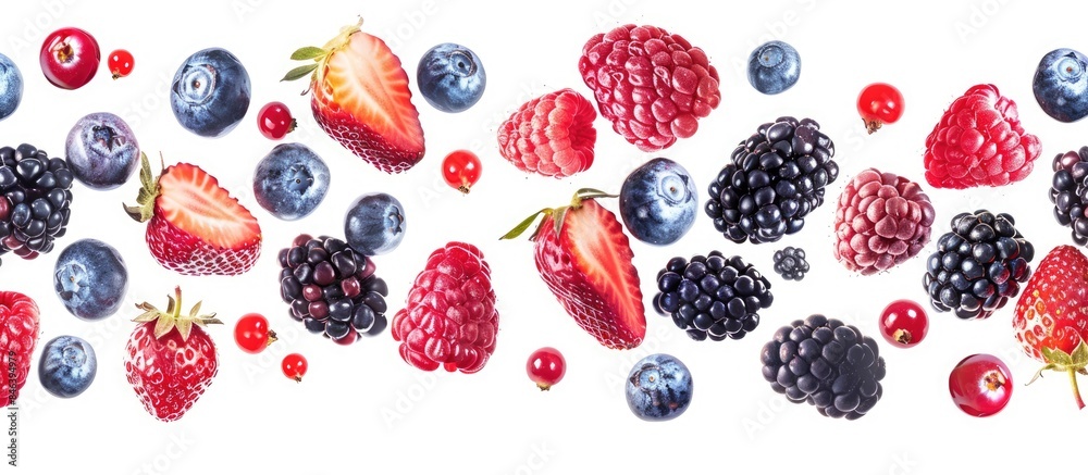 Flying fresh mix of berries featuring red raspberries, strawberries, blackberries, and blueberries isolated on a white background. Flying fresh mix of berries featuring red raspberries, strawberries, blackberries, and blueberries isolated on a white background.