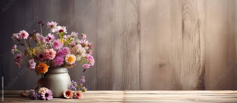 A rustic wooden table adorned with a delightful arrangement of flowers displayed in a charming jar creating a visually appealing copy space image A rustic wooden table adorned with a delightful arrangement of flowers displayed in a charming jar creating a visually appealing copy space image