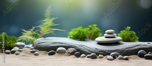 A mini zen garden is a small space containing elements and arrangements that promote peace and tranquility often used for meditation or relaxation. copy space available
