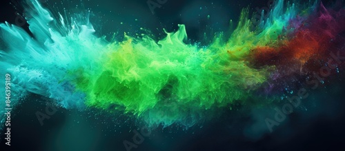 A captivating image with a blend of abstract powder splattering in the background capturing the frozen motion of an explosion of color powder The burst of colors includes green glitter adding a textu photo