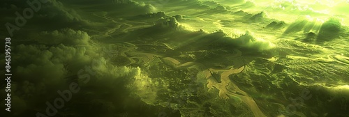 Surreal green landscape with mystical clouds and light, creating a dreamlike and ethereal atmosphere from an aerial perspective, Generative AI