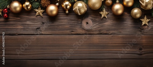 A festive Christmas background featuring wooden ornaments golden balls and bells arranged on a rustic wooden table Ideal for a New Year s card this image offers copy space and a top down view for a v photo