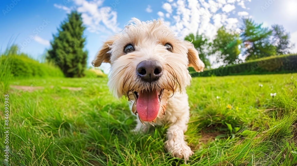 A tight shot of a dog in a lush grassy field, surrounded by trees and boasting a blue sky dotted with wispy clouds and a scattering of fluffy white ones