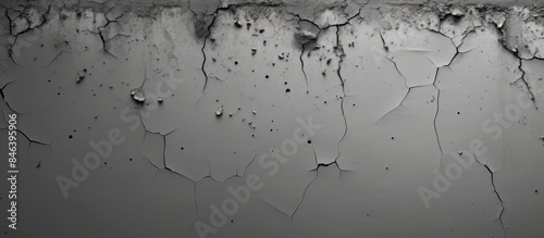 A monochromatic gray background with a concrete wall featuring textural holes cracks and drips Ideal for a copy space image photo
