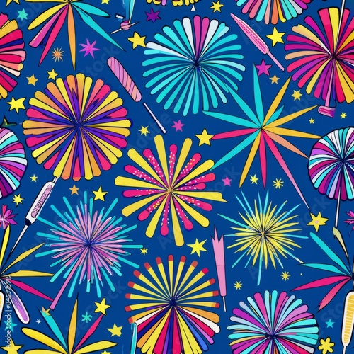 Seamless pattern of sparkling candy fireworks with bursts of color and magic, Generative AI
