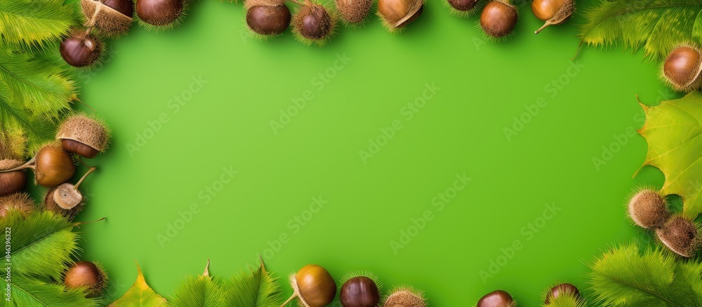 Autumn themed photo frame made of fresh sweet chestnuts arranged in a rectangular shape sitting on a vibrant green backdrop Top view with copy space image Autumn themed photo frame made of fresh sweet chestnuts arranged in a rectangular shape sitting on a vibrant green backdrop Top view with copy space image