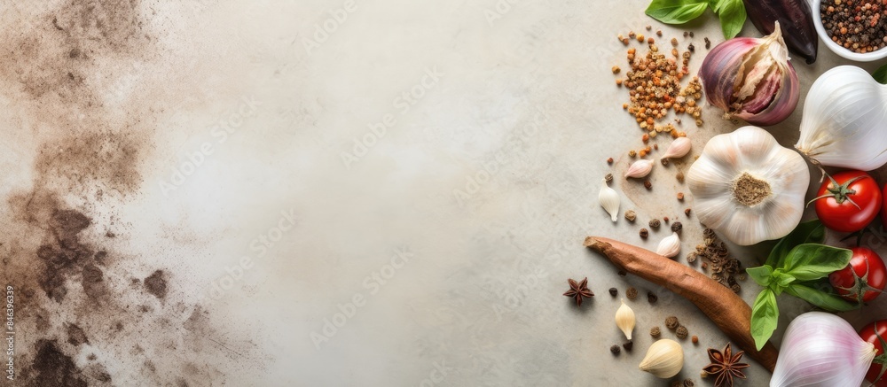 Obraz premium A top view of a culinary theme with a variety of spices such as garlic basil pepper and salt laid out on a light beige slate stone or concrete table with ample copy space in the image