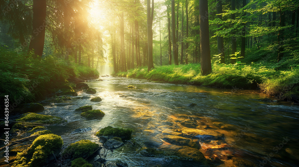 Obraz premium high-resolution of a tranquil forest scene with sunlight filtering through the trees and a clear stream running through wallpaper background 