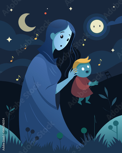 The darkness of the night is pierced by the sound of a haunting lullaby whispered by a dark figure to a sleepless child.. Vector illustration