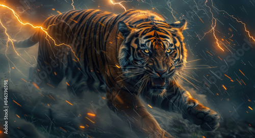 A fierce tiger with glowing eyes and stripes running at full speed, surrounded by lightning bolts against an isolated background. photo
