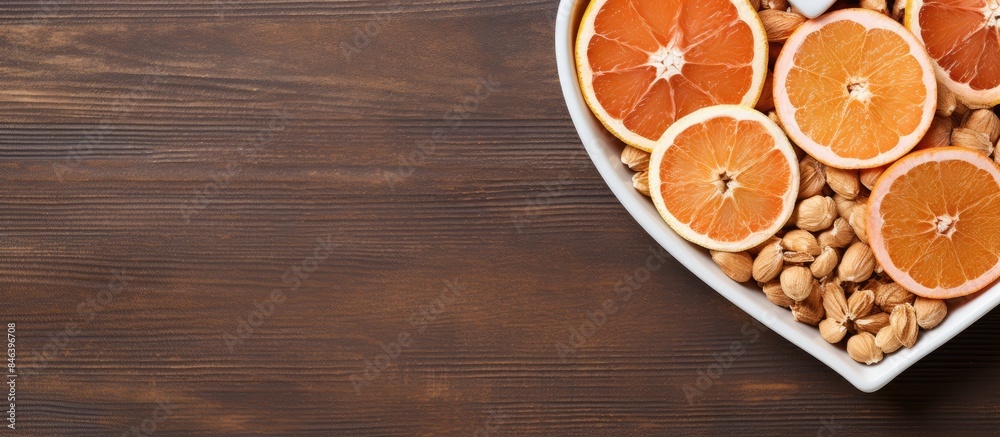 A heart shaped white plate is displayed on a cardboard background adorned with dried sliced grapefruits. copy space available A heart shaped white plate is displayed on a cardboard background adorned with dried sliced grapefruits. copy space available