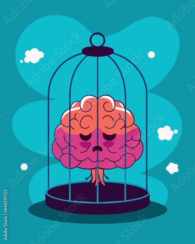 The suffocating grip of anxiety keeping the brain locked in a cell of unease.. Vector illustration