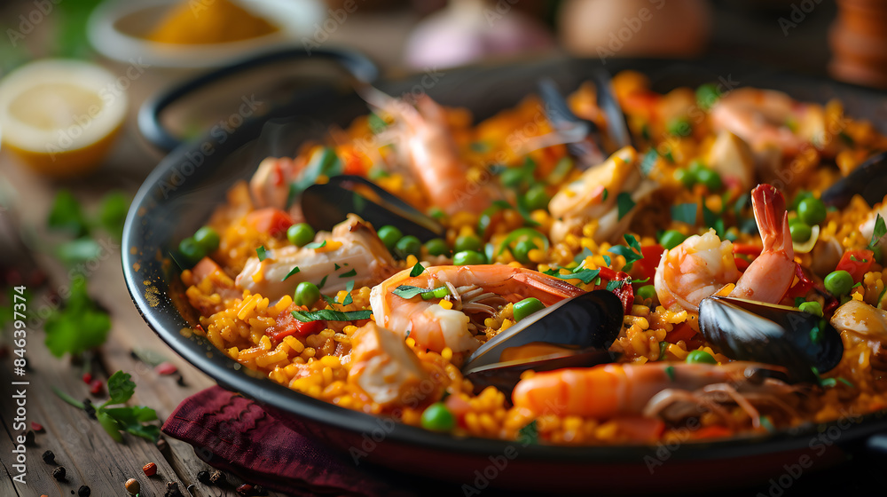 Steaming seafood paella in a pan. Generative by AI Steaming seafood paella in a pan. Generative by AI