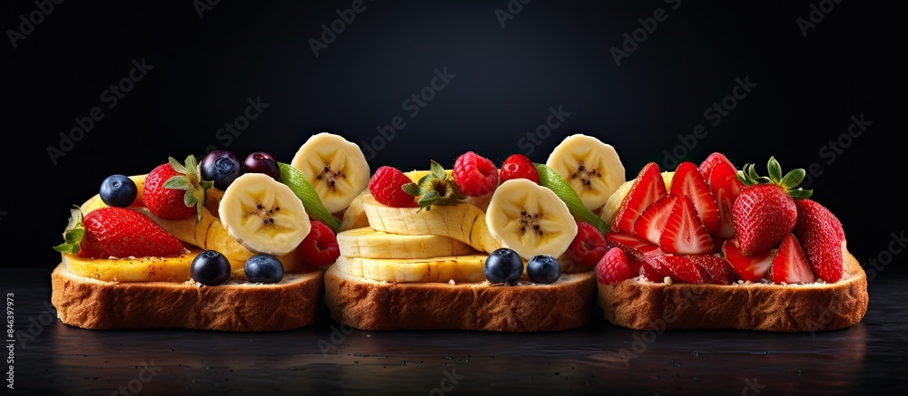 A variety of fruity toasts with banana mango cherry and strawberries arranged on a dark background with available copy space for image placement A variety of fruity toasts with banana mango cherry and strawberries arranged on a dark background with available copy space for image placement