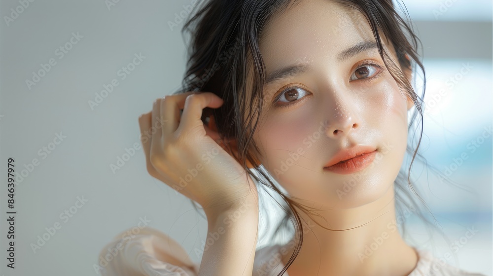 A young Japanese woman with flawless, luminous skin and a natural, dewy glow. complexion is radiant and smooth, with subtle highlights that emphasize her healthy, hydrated appearance. Generative AI. A young Japanese woman with flawless, luminous skin and a natural, dewy glow. complexion is radiant and smooth, with subtle highlights that emphasize her healthy, hydrated appearance. Generative AI.