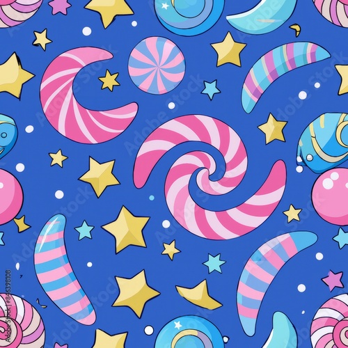 Seamless pattern of swirling candy canes with magical stars and moons, Generative AI