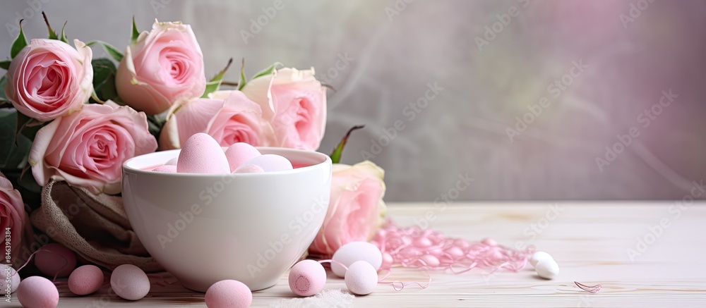 A cup filled with pink eggs accompanied by an Easter bunny and a rose creating a holiday ambiance Copy space available for customization A cup filled with pink eggs accompanied by an Easter bunny and a rose creating a holiday ambiance Copy space available for customization