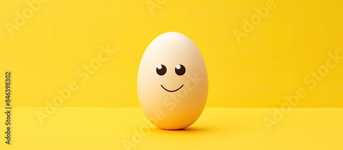 A winking emoji painted on an egg standing alone on a yellow background copy space image