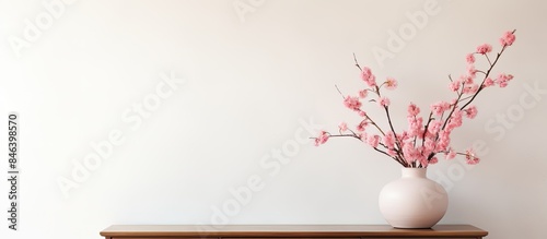 A vase of lovely pink flowers sits on a dresser against a white wall in a copy space image