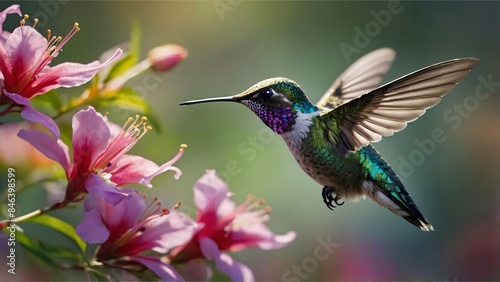 A brilliantly shimmering hummingbird  its delicate wings a blur of motion as it delicately sips nectar from vibrant flowers