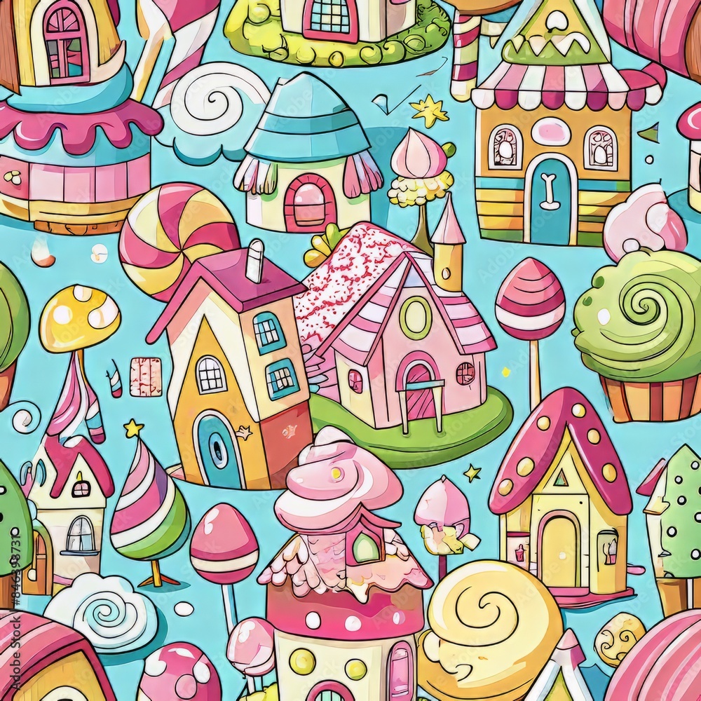 Seamless pattern of whimsical candy houses with sugary landscapes and candy creatures, Generative AI Seamless pattern of whimsical candy houses with sugary landscapes and candy creatures, Generative AI