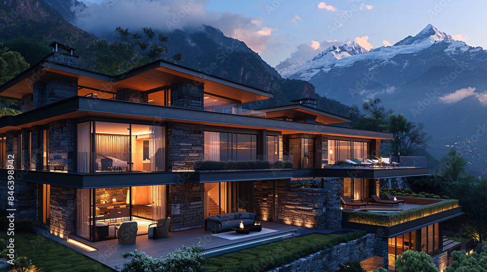 Large house with mountain background. Generative by AI Large house with mountain background. Generative by AI