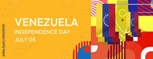 Venezuela Independence Day banner in modern geometric style. Wide banner with typography and also country flag. Background for national holiday celebration party. Happy Venezuela Independence Day