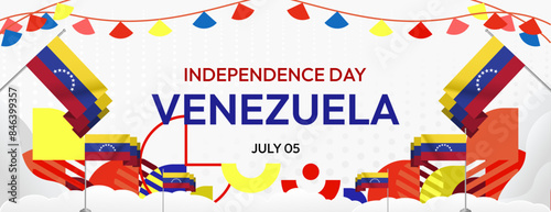 Venezuela Independence Day banner in modern geometric style. Wide banner with typography and also country flag. Background for national holiday celebration party. Happy Venezuela Independence Day