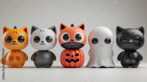 A group of adorable Halloween cartoon characters, including a smiling pumpkin, a friendly ghost, and a cute black cat, posing together against a white isolated background