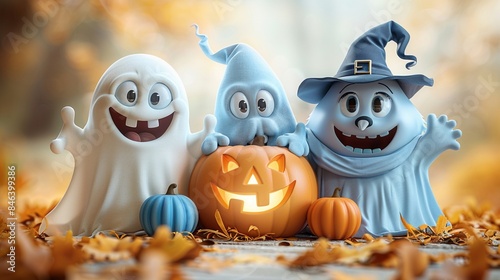 A heartwarming scene depicting a trio of lovable Halloween a shy little ghost, a bashful werewolf, and a timid witch--holding hands and smiling sweetly as they stand together against a white isolated 