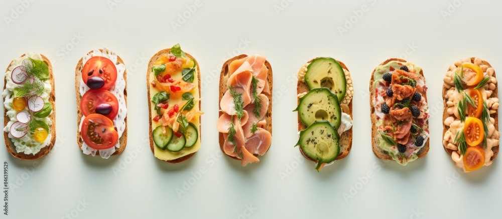 A copy space image of beautifully presented open faced sandwiches against a fresh background A copy space image of beautifully presented open faced sandwiches against a fresh background