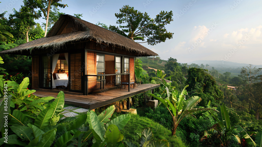 Hut perched above dense jungle. Generative by AI Hut perched above dense jungle. Generative by AI
