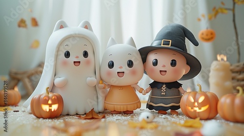 A heartwarming scene depicting a trio of lovable Halloween a shy little ghost, a bashful werewolf, and a timid witch--holding hands and smiling sweetly as they stand together against a white isolated