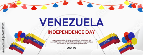 Venezuela Independence Day banner in modern geometric style. Wide banner with typography and also country flag. Background for national holiday celebration party. Happy Venezuela Independence Day
