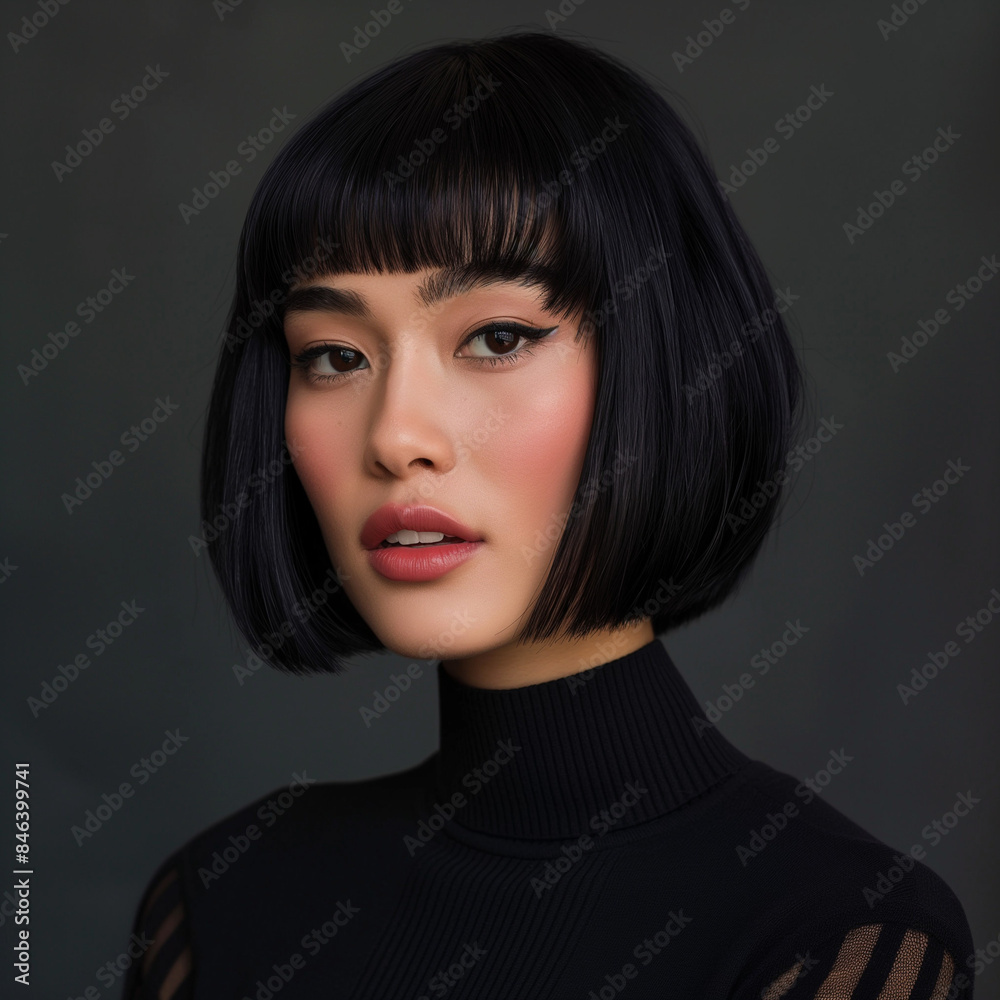 A close-up portrait of a woman with a stylish short black bob haircut, subtle makeup, and a black outfit against a grey background