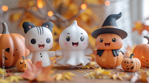 A heartwarming scene depicting a trio of lovable Halloween a shy little ghost, a bashful werewolf, and a timid witch--holding hands and smiling sweetly as they stand together against a white isolate