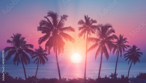 Silhouette of palm trees at sunset with beach background, vintage filter