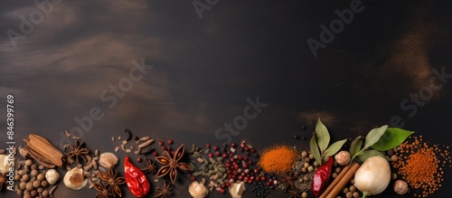 Fototapeta Naklejka Na Ścianę i Meble -  A grey background with copy space adorned by a tasteful border or frame of various spices