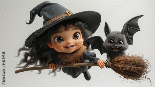 A playful scene featuring a chubby little witch flying on her broomstick alongside a cheerful vampire bat, both wearing big smiles as they soar through the air against a white isolated background