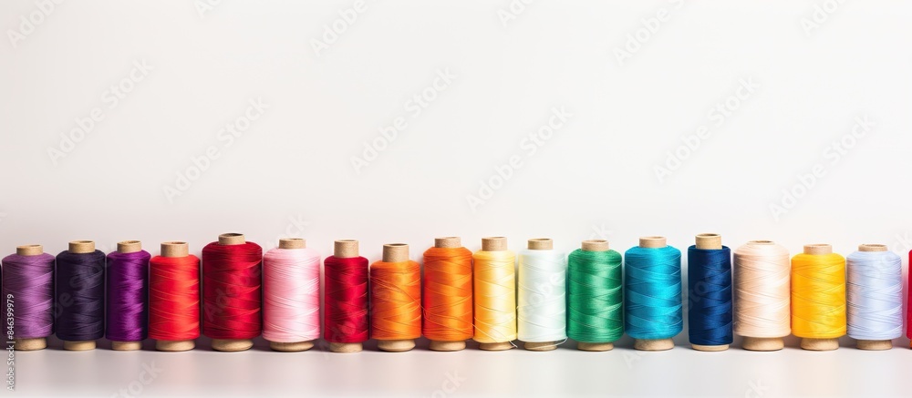 Advertising copy space image for a sewing or tailor shop featuring a set of multi colored thread skeins on a white background with room for text Advertising copy space image for a sewing or tailor shop featuring a set of multi colored thread skeins on a white background with room for text