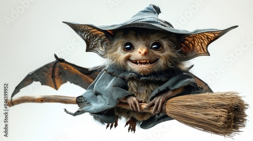 A playful scene featuring a chubby little witch flying on her broomstick alongside a cheerful vampire bat, both wearing big smiles as they soar through the air against a white isolated background