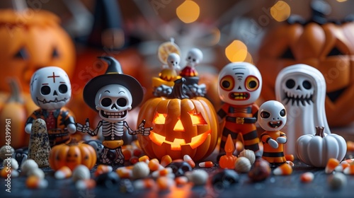 An endearing tableau of miniature Halloween cartoon characters, such as a giggling skeleton, a grinning candy corn, and a merry mummy, gathered around a glowing jack-o'-lantern on a white isolated