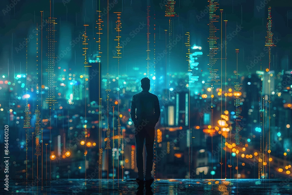 Fototapeta premium The silhouette of people in office buildings at night in the city