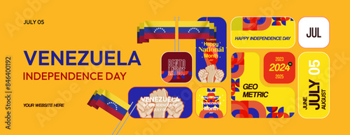 Venezuela Independence Day banner in modern geometric style. Wide banner with typography and also country flag. Background for national holiday celebration party. Happy Venezuela Independence Day