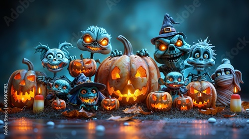 An endearing tableau of miniature Halloween cartoon characters, such as a giggling skeleton, a grinning candy corn, and a merry mummy, gathered around a glowing jack-o'-lantern on a white isolated 